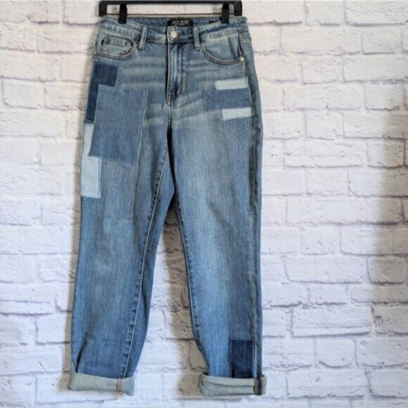 Judy Blue Double Cuff Patch Boyfriend Jeans 7 28 Medium Blue High Waist Stretch - Picture 3 of 7